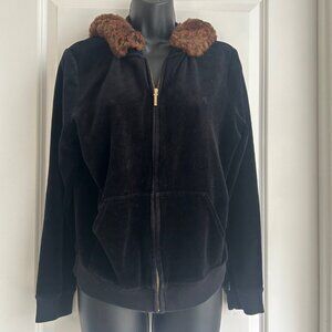 Lauren Ralph Lauren Hoodie Velour Womens Medium Black Faux Fur Trim Zip Jacket